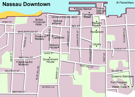 Nassau Bahamas map - downtown area