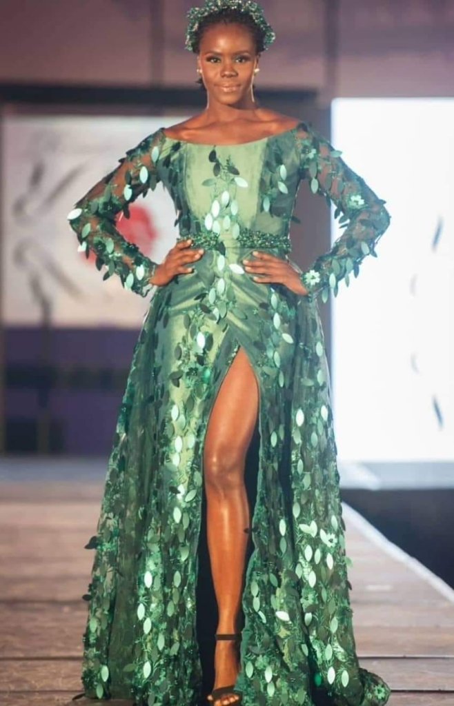 Green leaf embellished gown by Gillian Curry-Williams Bahamian Fashion designer
