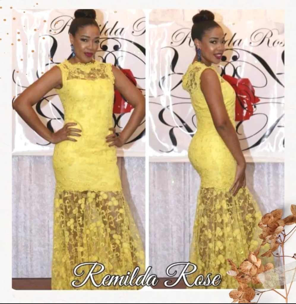 Yellow dress byt Bahamian designer Gillian Curry